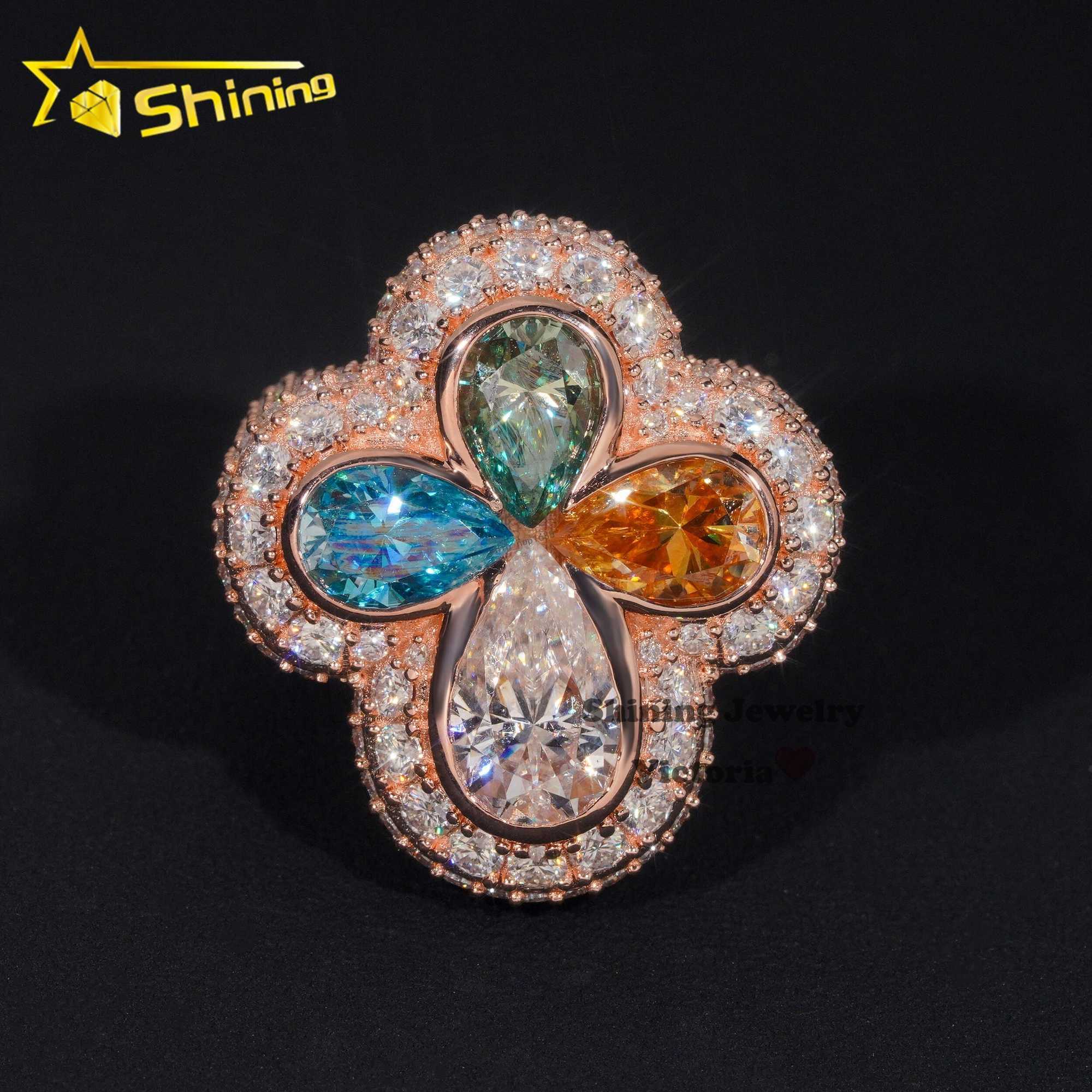 Fine Jewelry Custom Sparkling S925 Colored Pear Cut VVS Moissanite Diamond Iced Out Cross Ring Four Leaf Clover Moissanite Ring