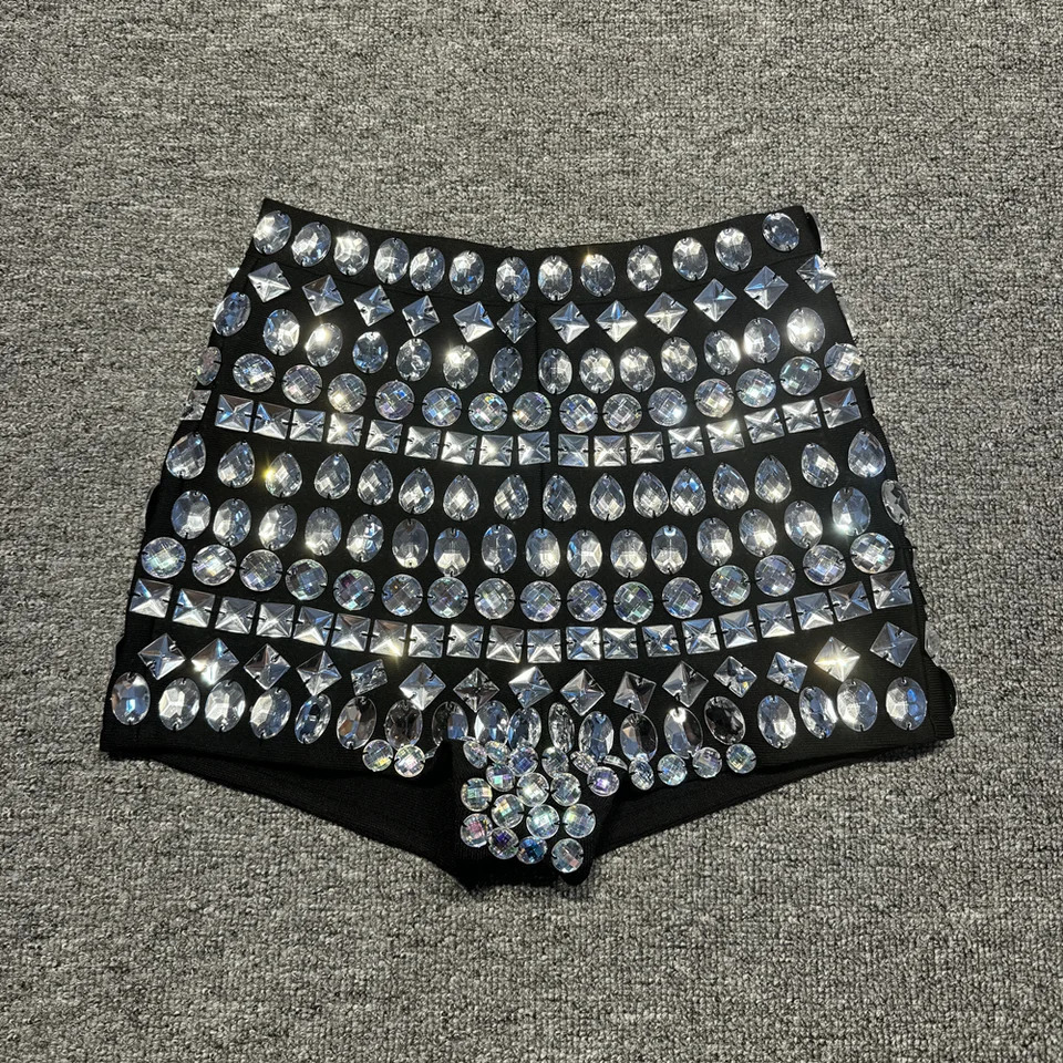 30CM Length Women High End Rhinestones Bandage Shorts High Waist Evening Club Party Shorts Stage Costumes Dancer Performance 250213