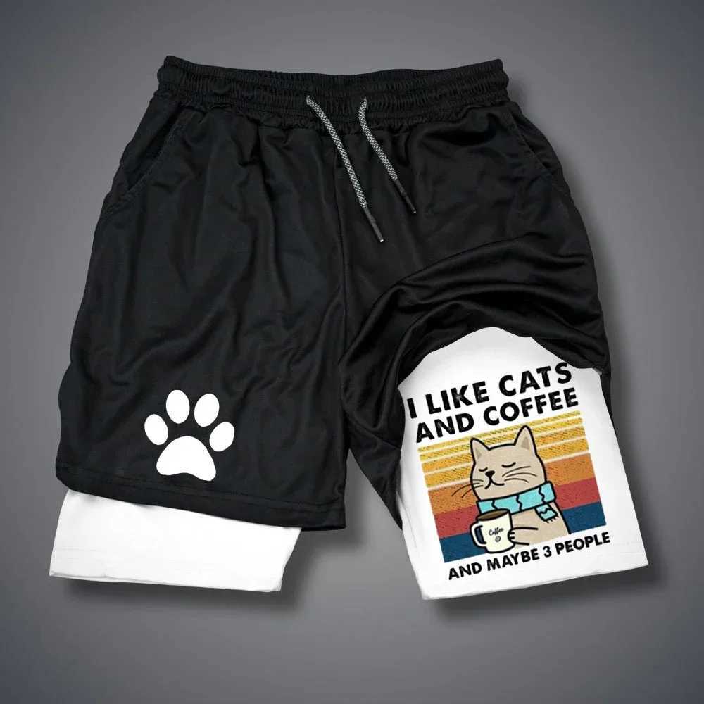 Funny Cat Print Running Shorts Men Sportswear Y2k Animal Pattern Gym Quick Dry Short Pant Summer Fitness Double-deck Short PantXJ250213