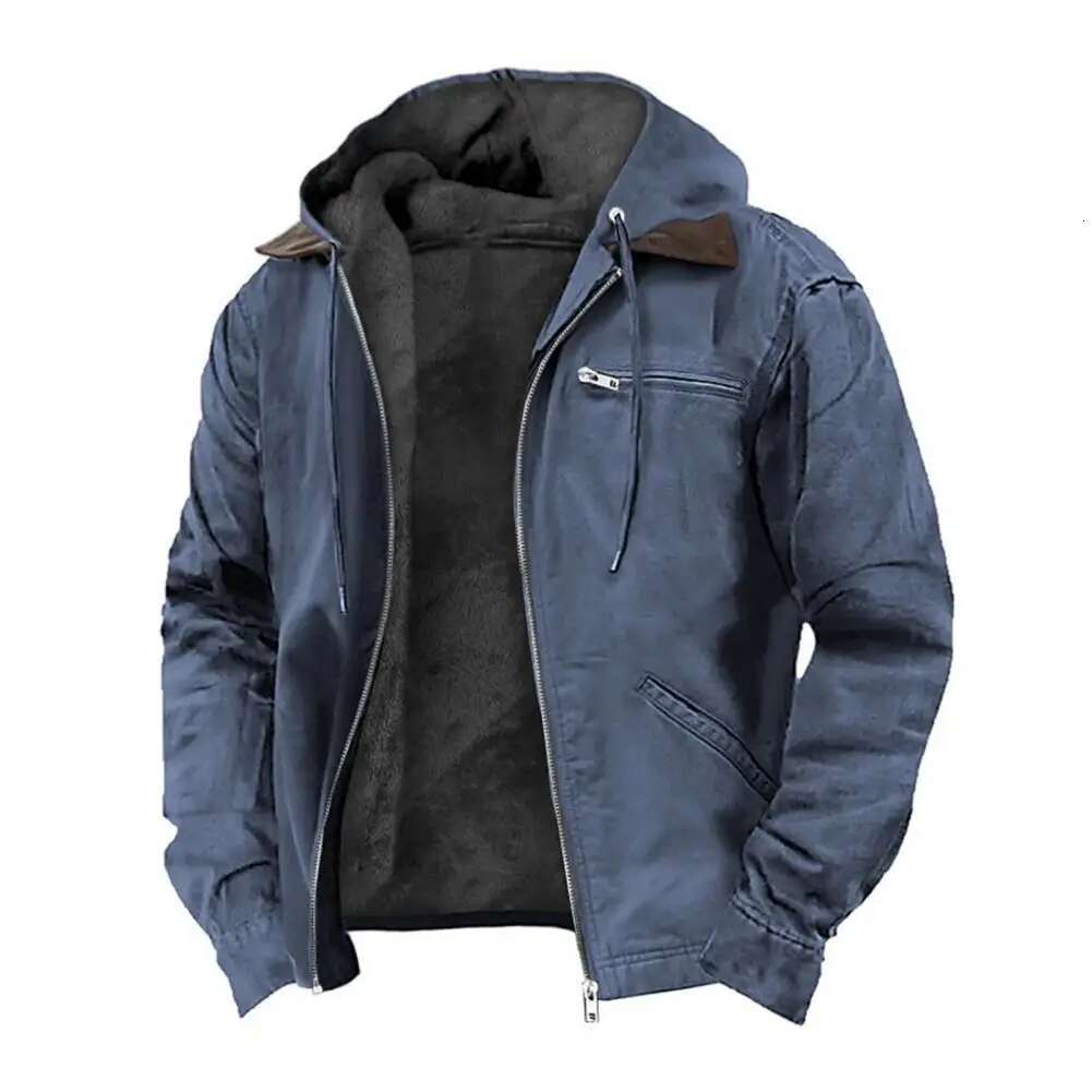 Comfortable Men's Hooded Sweatshirt Coat with Plush ing Multiple Pockets Zipper Placket Jacket for Winter Warmth