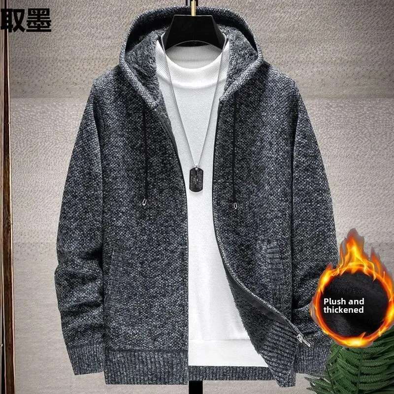 Men's Fleece-ed and Thickened Autumn Winter Cardigan Sweater Stand Collar Hooded Knitted Top Thick Style Yarn Jacket Spring A