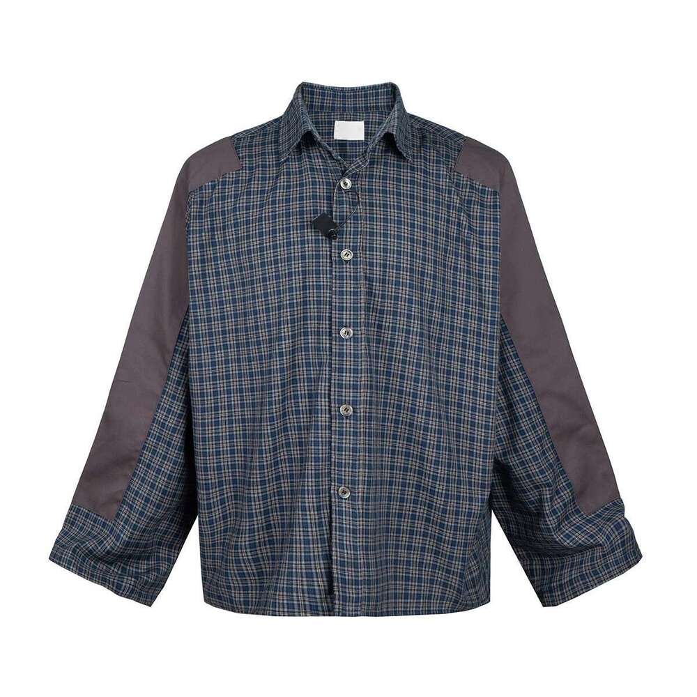 Haruku Patch Contrast Color Checkered Shirts For Men And Women Turn-Down Collar Oversized Casual Long Sleeve Fall Plaid Shirt