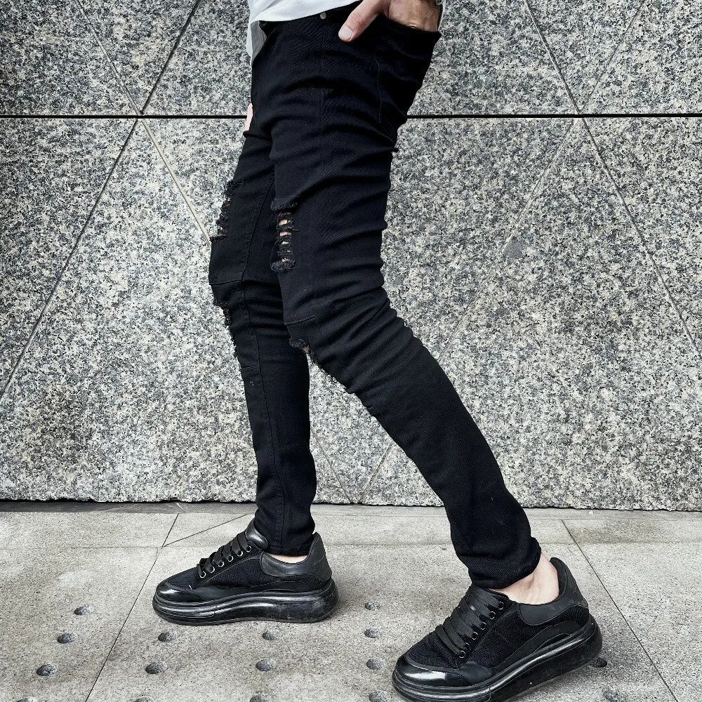 Men High street Hip hop Style Ripped Skinny Pencil Jeans Stylish Slim Holes Casual Denim Pants 250210