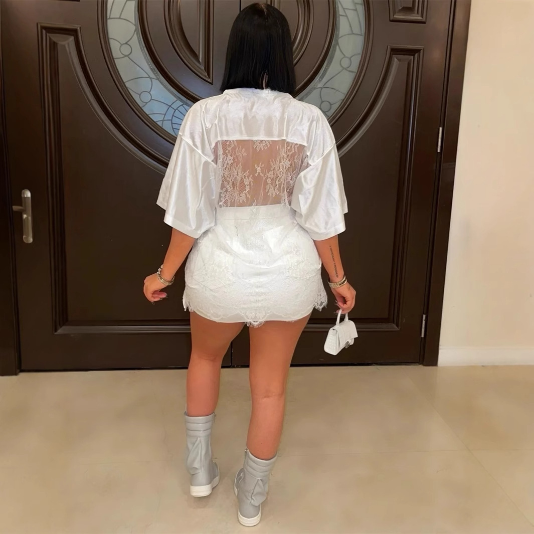 Designer Autumn New Printed Loose Casual Street Perspective Sexy Lace Patchwork T-shirt Short Sleeved Top