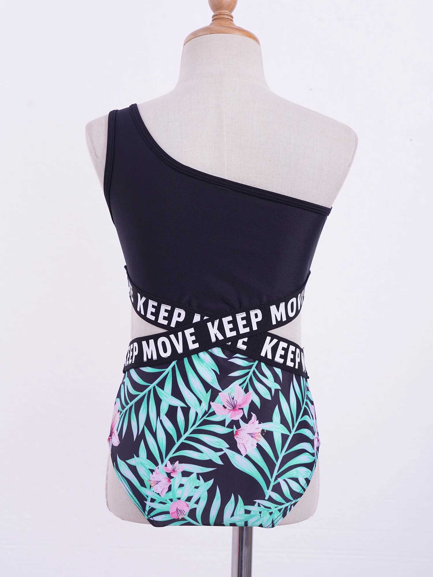 Kids Girls Hollow Out One-piece Swimwear Single Shoulder Letter Print Bodysuit Swimsuit Pool Bathing Suit Beachwear Sportswear Z250214