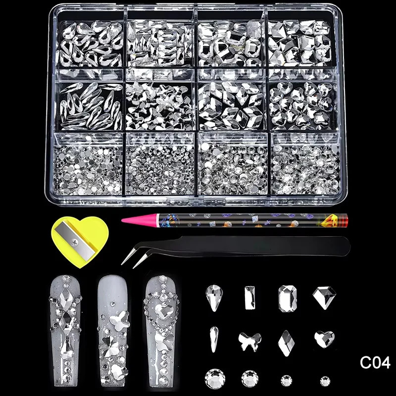 12 Grids White Clear different shaped Crystal Sleek Rhinestone 3D Manicure Nail Art Decoration Charms Jewelry sp0577 250214