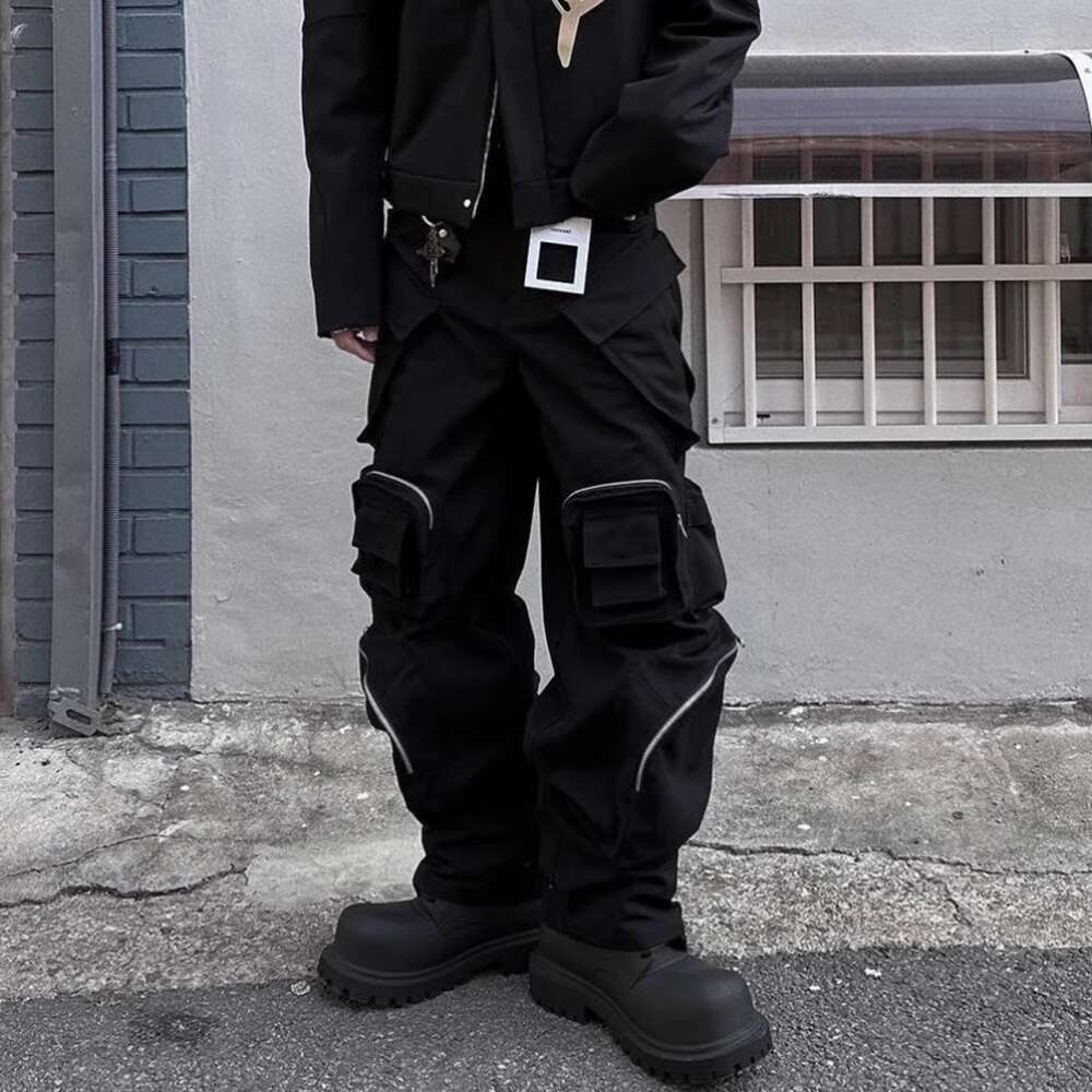 High Street Multi-Pokcets Functional Wide Leg Cargo Pants Unisex Black Straight Baggy Y2k Overalls Oversized Loose Trousers
