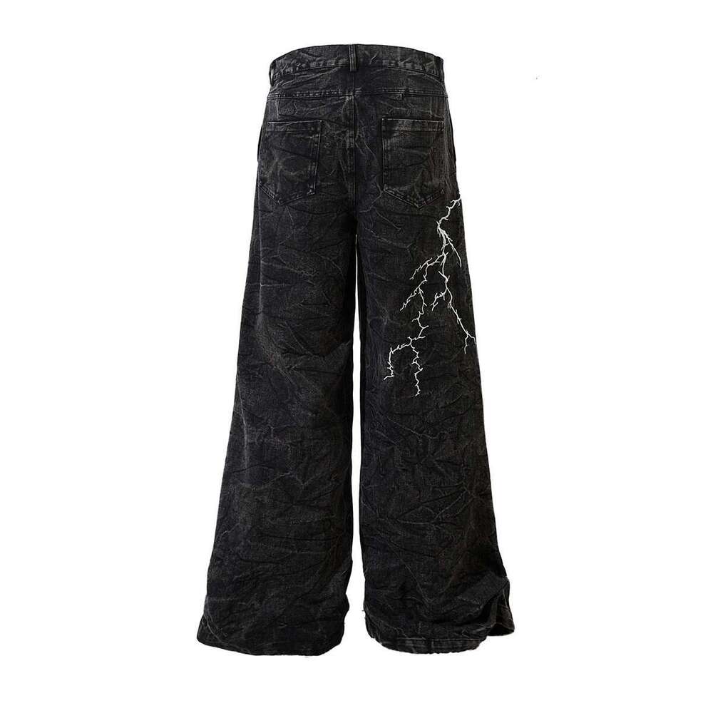 High Street Lighing Embroidery Wide Leg Baggy Black Jeans For Men Straight Ropa Hombre Loose Casual Denim Trousers Oversized