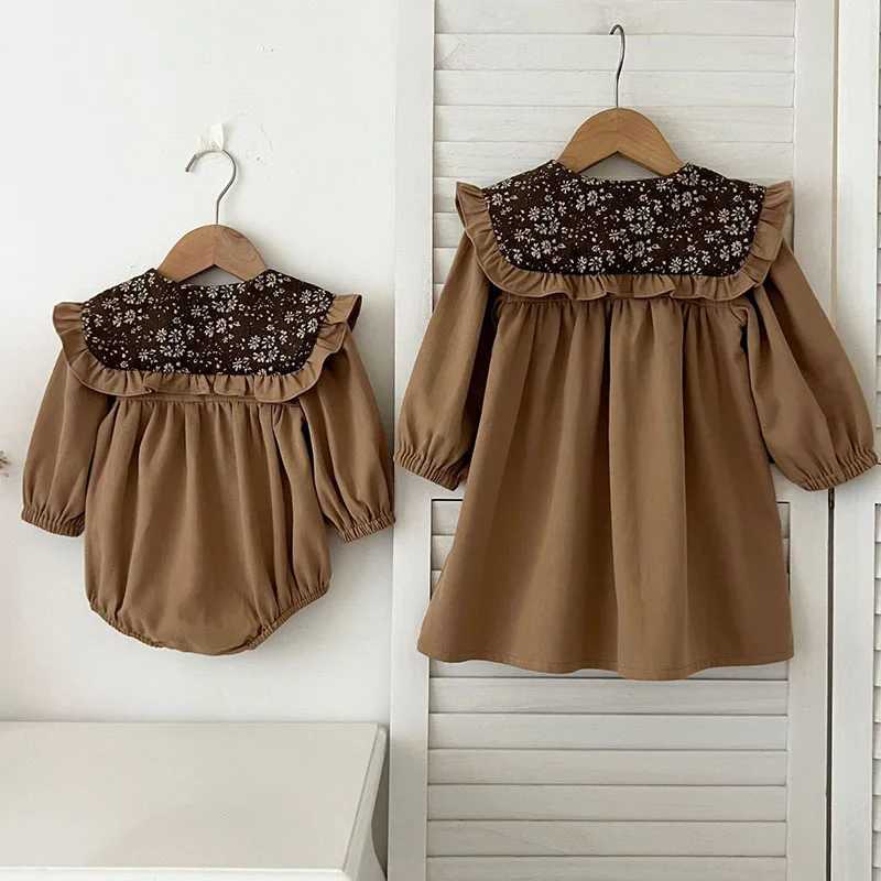 2024 New Autumn Sister Clothes 2-6Yrs Girl Par Dress Kids Princess Dresses Long Sleeved Cotton Embroidery Splicing Baby Romper Z250214