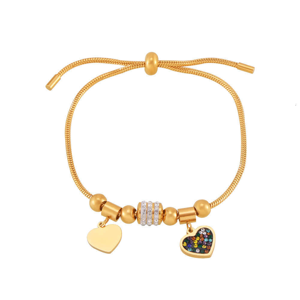 Ins style geometric dia inlaid heart-shaped bracelet, versatile and adjustable design, stainless steel gold-plated jewelry