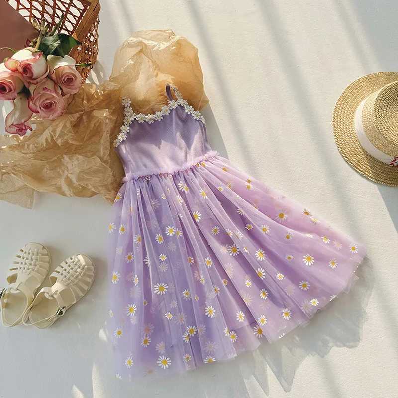Girls Casual Dresses Little Daisy Flower Mesh Dress for Girls Summer Camisole Pompadour Dress Girls Clothes for2 To 7 Years Z250214