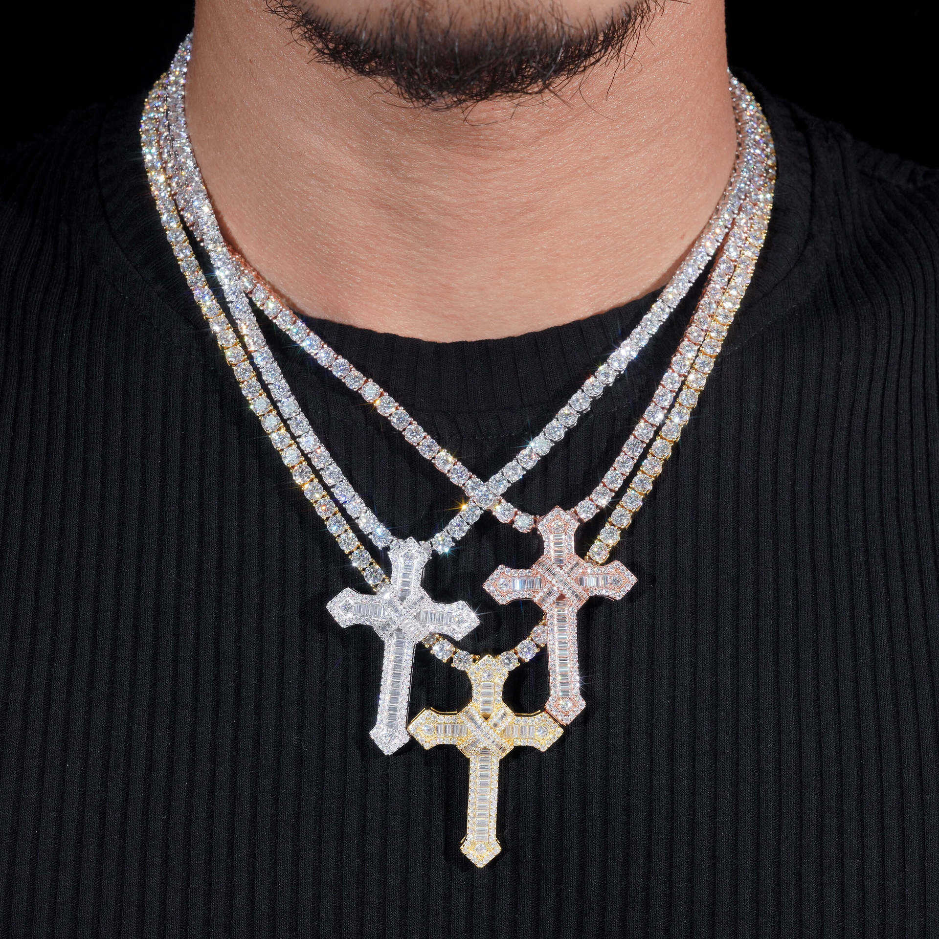 ZUANFA S925 Silver Set Moissanite Hip Hop Cross Pendant with GRA