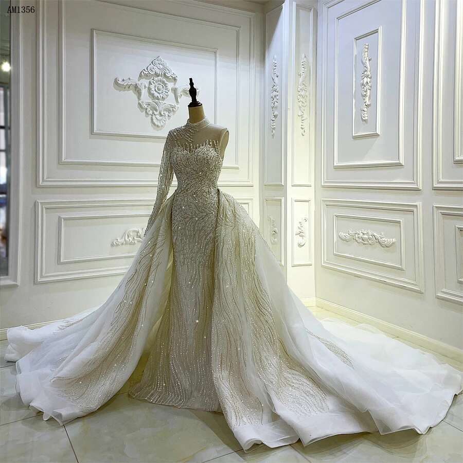 Custom One Shoulder High Neck Full Strap Beading Lace 2 in 1 Mermaid Wedding Dress