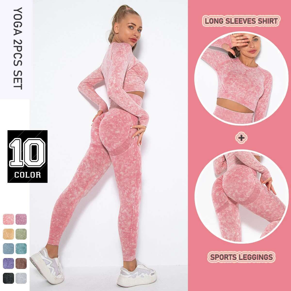 Washed-Die Woman Seamless Yoga 2Pcs Set Clothes Stretch Sleeved Shirt Sports Outfits High Waist Buttock Lift Leggings Suit