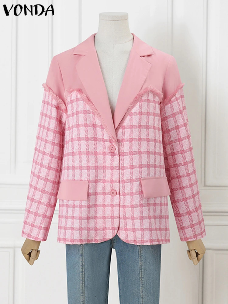 VONDA Women Elegant Long Sleeve Blazer Spring Plaid Patchwork Suits Casual Loose Jackets Female Lapel Neck Open Up Coats 250213