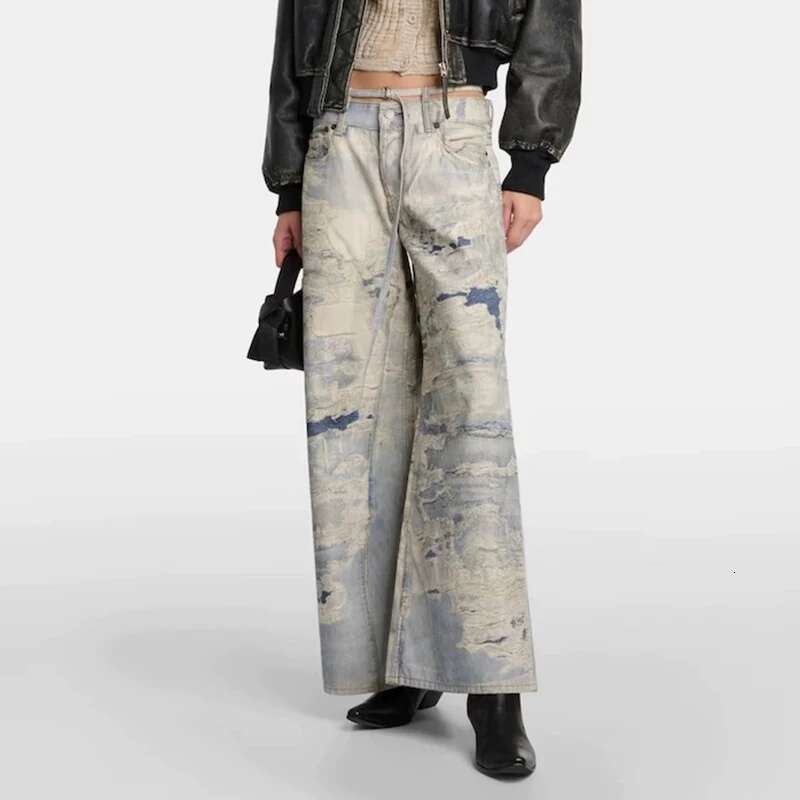 High Street Tie Dye 3D Print Frayed Baggy Blue Jeans For Men And Women Wide Leg Casual Loose Denim Trousers Oversized