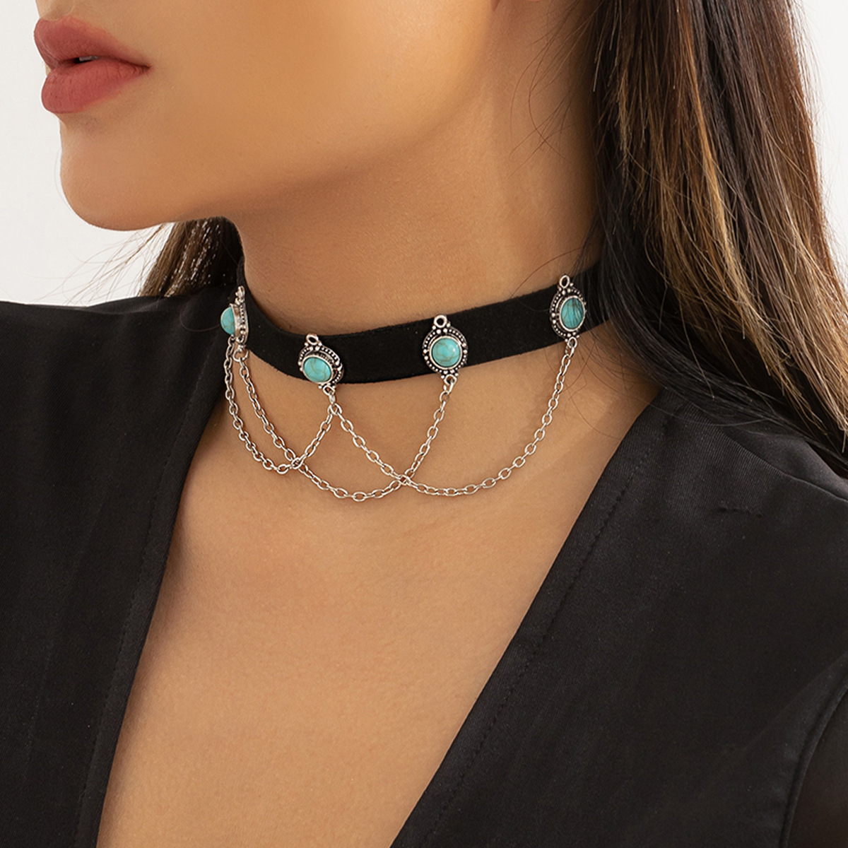 designer Woman Jewelry alloy sweet cool spicy girl choker collar black veet turquoise tassel necklace