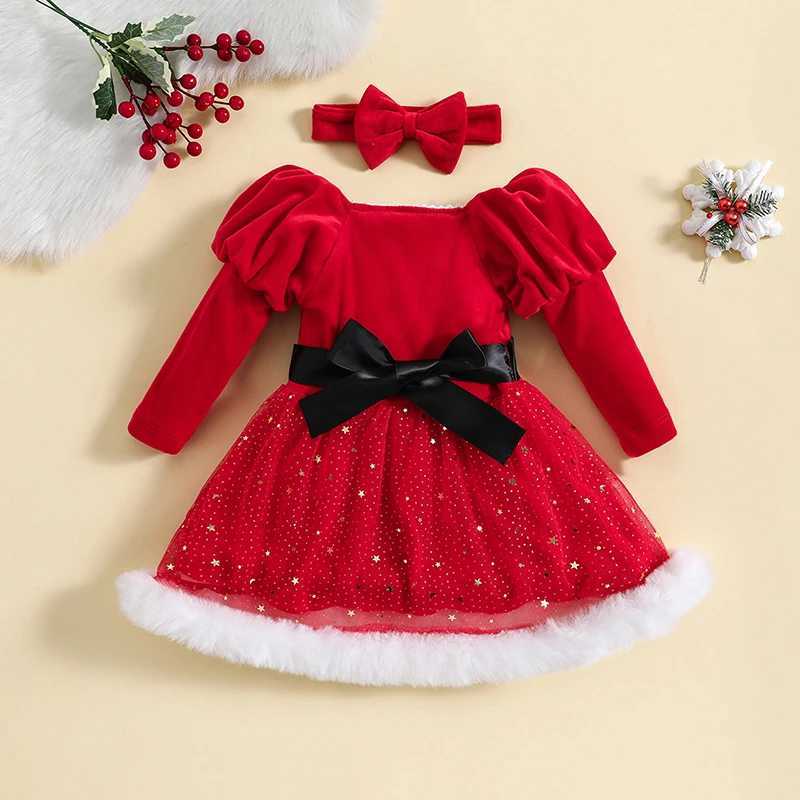 Swee Kids Girl Christmas Dressse Outfit Long Sleeve Stars Patchwork Dress with Bow Headband for Cosplay Par Xmas Clothing Z250214