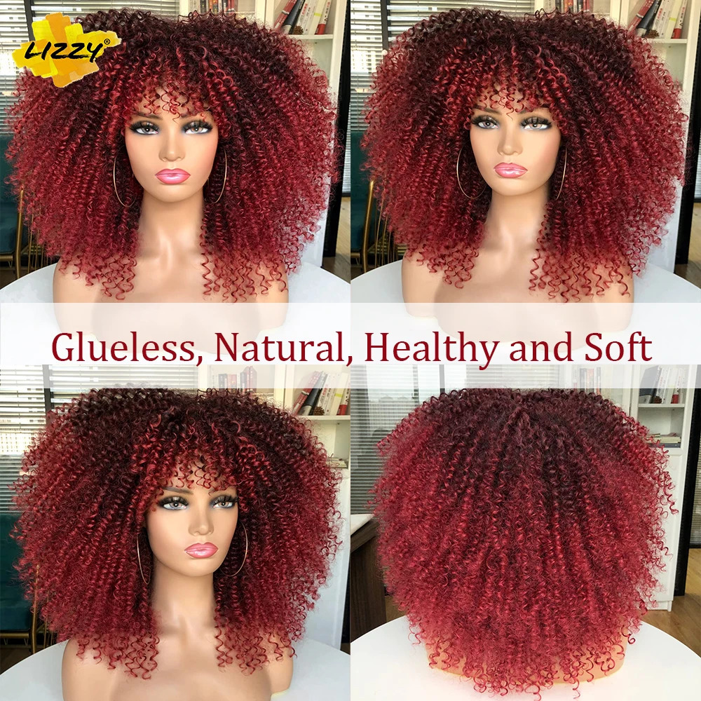 Short Afro Curly Wig With Bangs Synthetic African Fluffy Black Ombre Brown Curly Womens Wigs 250210