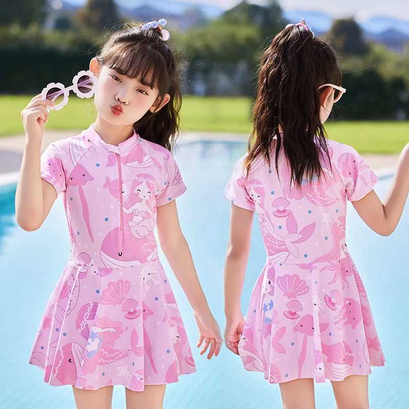 Blue Dolphin Print Swimsuit for Children Teenage Kids One-piece Swimwear Vacation Clothes Small Fresh Girl 2-14Y Z250214