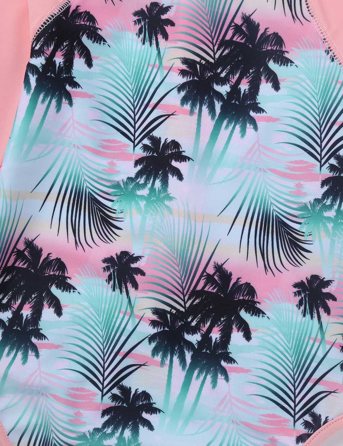 Kids Girls One-piece Swimsuit Long Sleeves Palm Printed Swimwear Bathing Suit Sun Protection Rash Guard Surfing Diving Swim Top Z250214