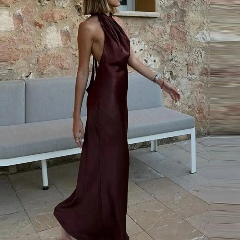 TRAF Halter Satin Long Dres Tied Backless Brown Midi Dress Summer Off Shoulder Party Dresses Pleated Evening y250207