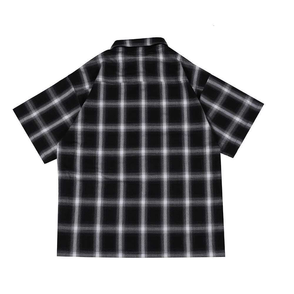Haruku Summer Short Sleeve Plaid Shirt For Men Lapel Patchwork Hip Hop Overalls Streetwear Vintage Loose Oversized Tops