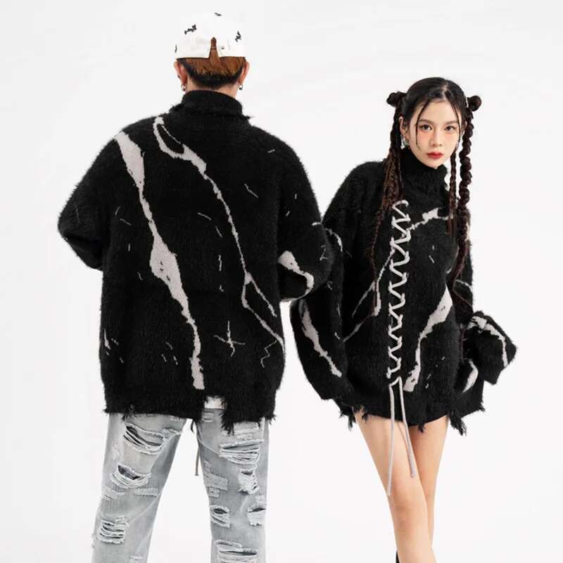 Front Lace Up Tie Dye Frayed Neck Sweaters Men's High Street Retro Casual Oversized Unisex Woolen Clothes Knitted Sweater