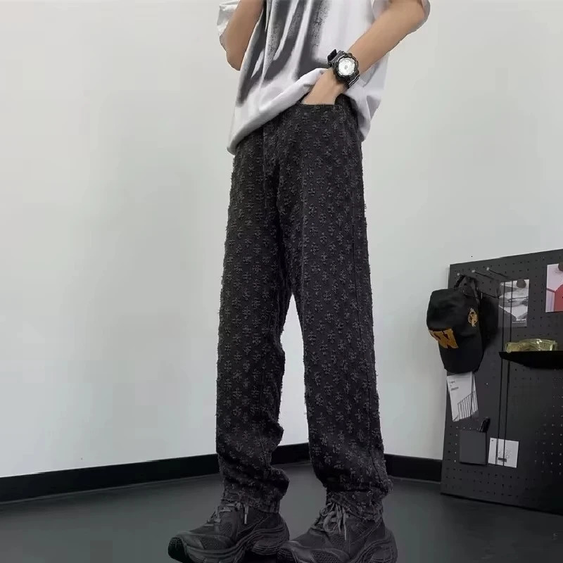 Y2k American High Street Jacquard Full Print Simple Casual High-Grade Jeans Mens n Sense Straight Fashion Loose Pants 250213