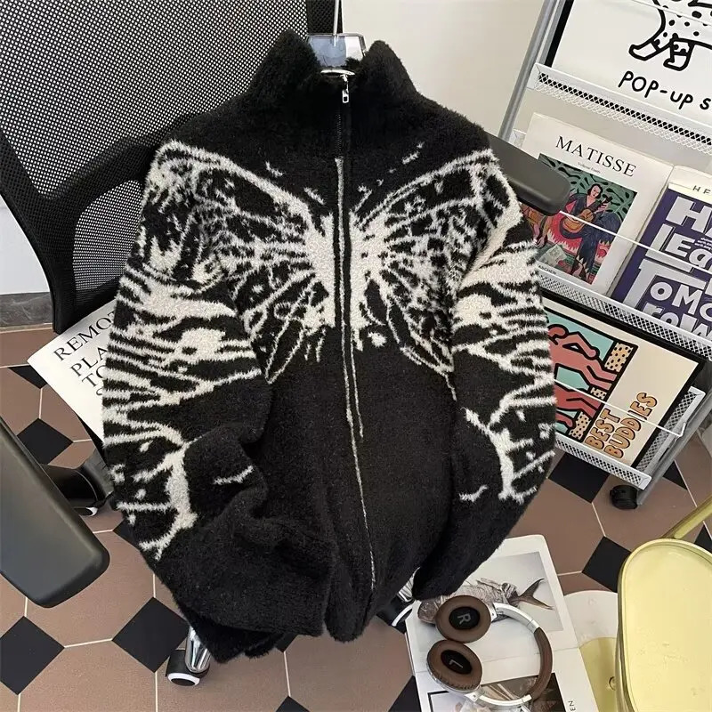 Y2k Harajuku Zipper Cardigan Man Women Vintage Butterfly Turtleneck American Mink Fur Soft and Lazy Style Sweater Jacket 250211