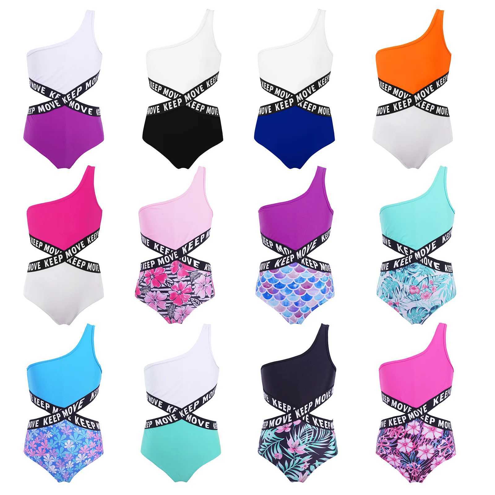 Kids Girls Hollow Out One-piece Swimwear Single Shoulder Letter Print Bodysuit Swimsuit Pool Bathing Suit Beachwear Sportswear Z250214