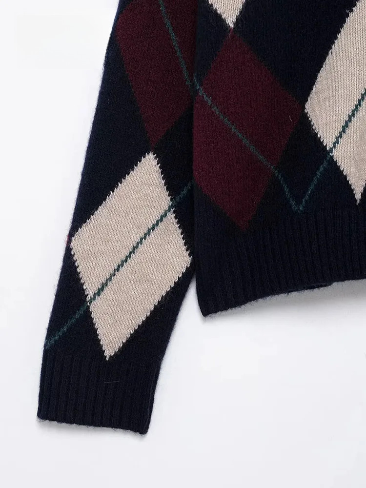 Elegant Sweater Long Sleeve Knitwear Coat 2025 Women Argyle Jacquard Short Cardigan Chic Casual Knitted Cardigans