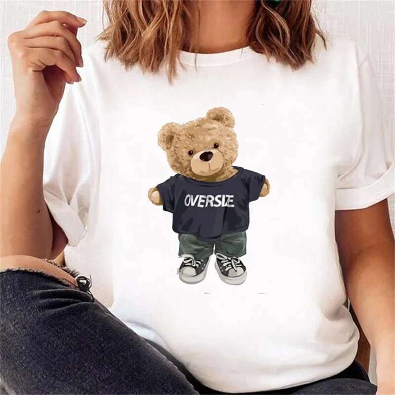 Cute Bear Trend Style Plus Size T-Shirt Women Short Sleeve Printed Pattern Top Casual Summer Spring Clothes