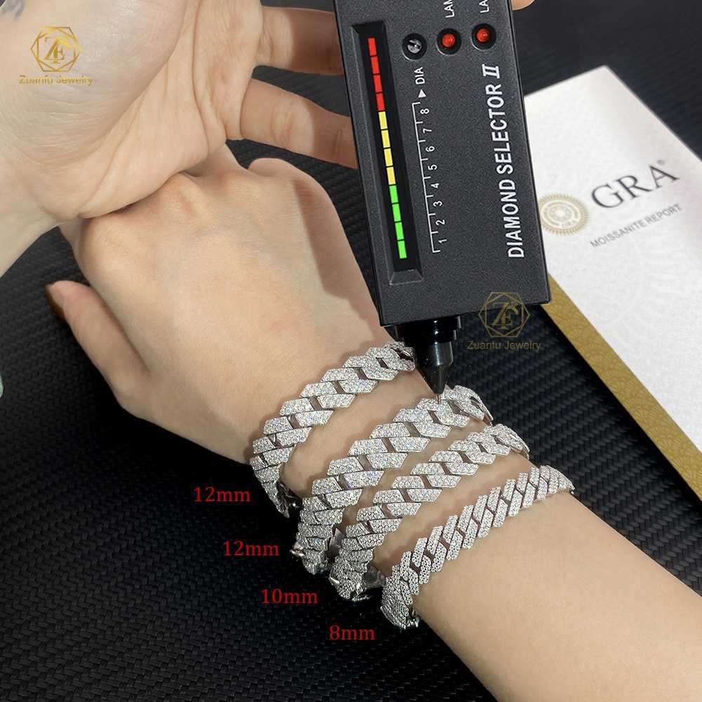 Hip Hop Iced Out Whited Gold Plated Sterg Sliver 8mm 10mm 12mm Moissanite Cuban k Chain Bracelet for Men Women