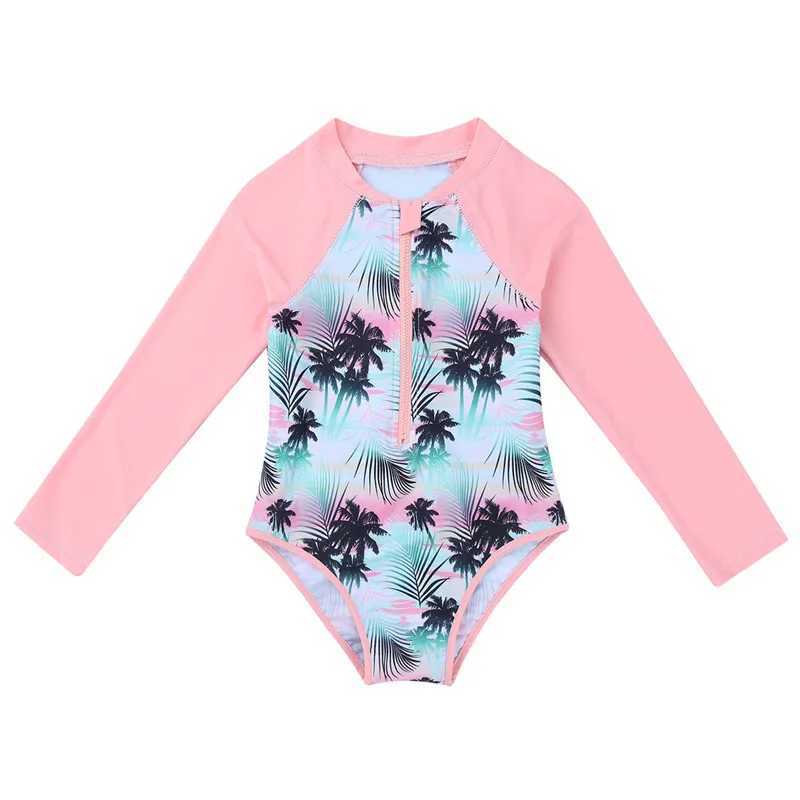 Summer Swimming One-piece Kids Girls Swimsuit Rash Guard Long Sleeves Palm Printed Zippered Bathing Suit Swimwear Beach Wear Z250214