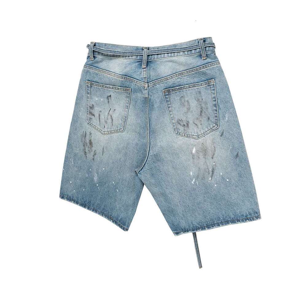 Streetwear New Summer Ink Splashed Hand-Painted Denim Shorts Mens Straight Blue Washed Baggy Knee Length Jeans Pants