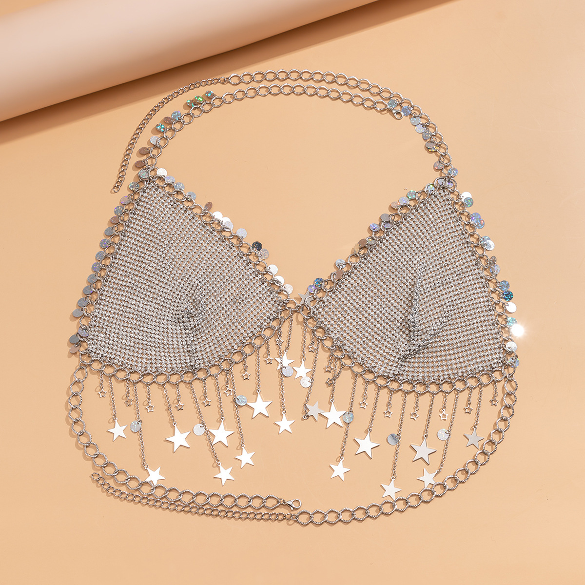 Fashion Sexy Spicy Girl Handmade Mesh Diamond Bikini Body Street Shoot Tassel Star Chest Chain