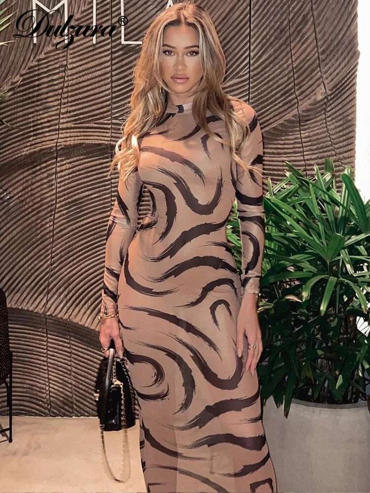 Dulzura Printing Midi Dress Long Sleeve Mesh See Through Women Dresses Sexy Y2k Clothes Party Club Streetwear Holiday Outfits