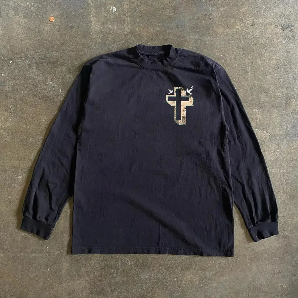 Y2K Retro American Cross Image Art Street Color Printed Black and White T-sleeved Mens Loose Base Sports Shirt Top Long sleeves 250213
