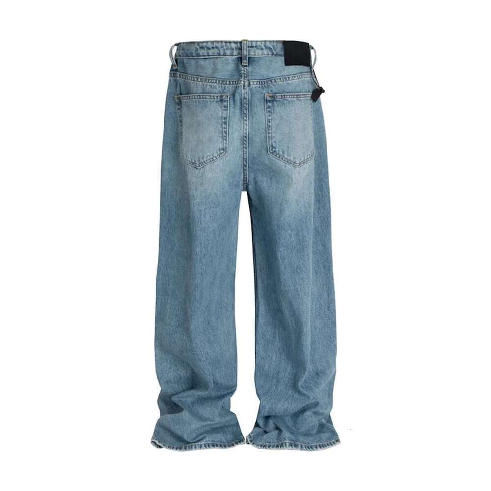 High Street Vintage Washed Blue Jeans For Men Straight Casual Loose Cleanfit Denim Trousers Oversized Cargo Pants