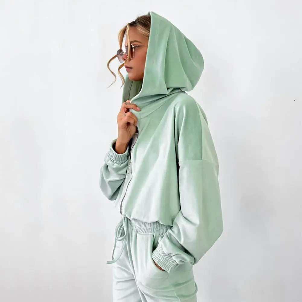 Women Long-sleeved Coat Womens Winter Tracksuit Set with Hooded Coat Ankle-banded Pants Zip-up Long Sleeve Top for Weather 250210