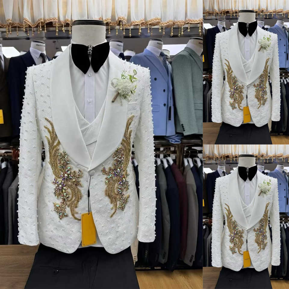 Luxury Wedding Tuxedos Appliques Pearls One Button Men Suits Shawl Lapel 3 Piece Set Jacket Vest Pants Groom Blazers Customized