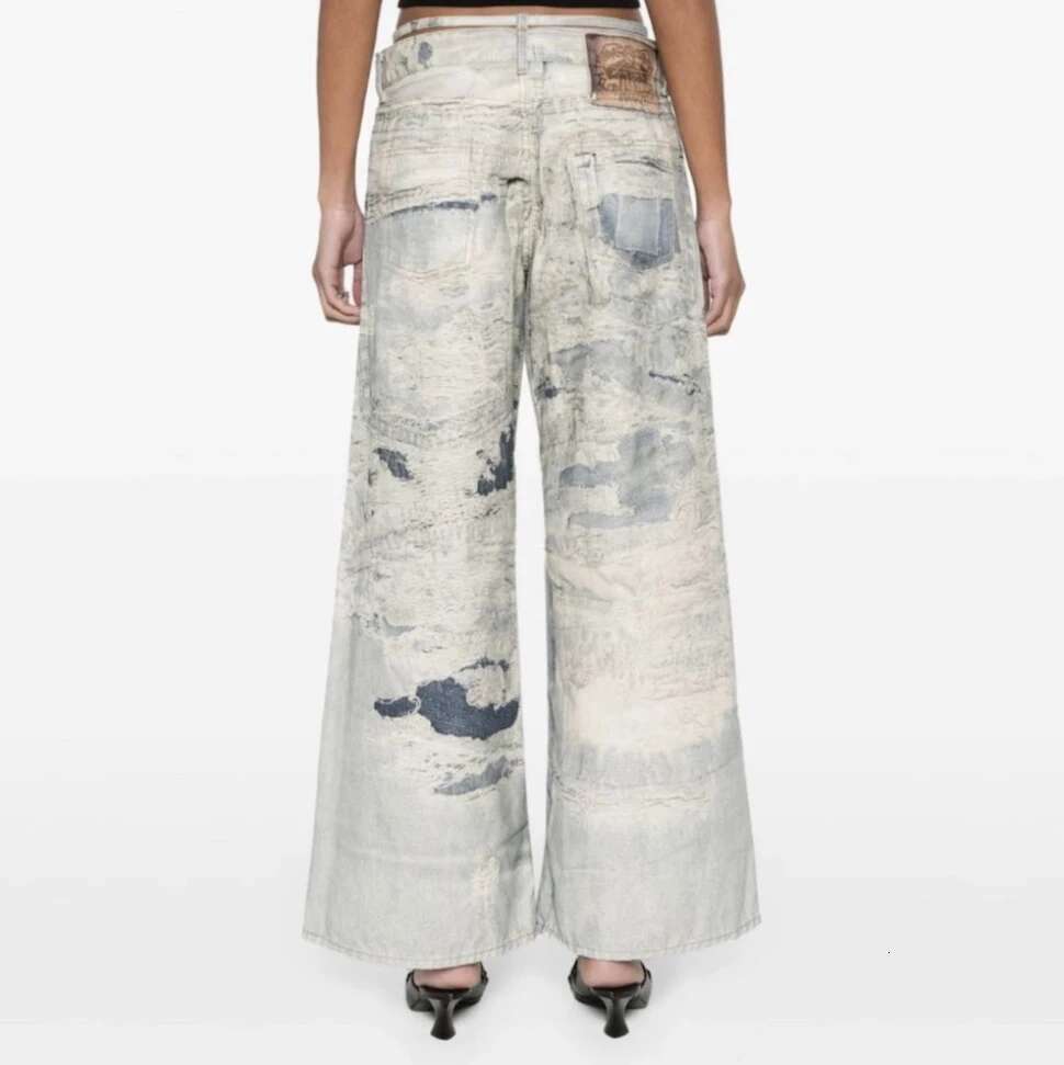 High Street Tie Dye 3D Print Frayed Baggy Blue Jeans For Men And Women Wide Leg Casual Loose Denim Trousers Oversized