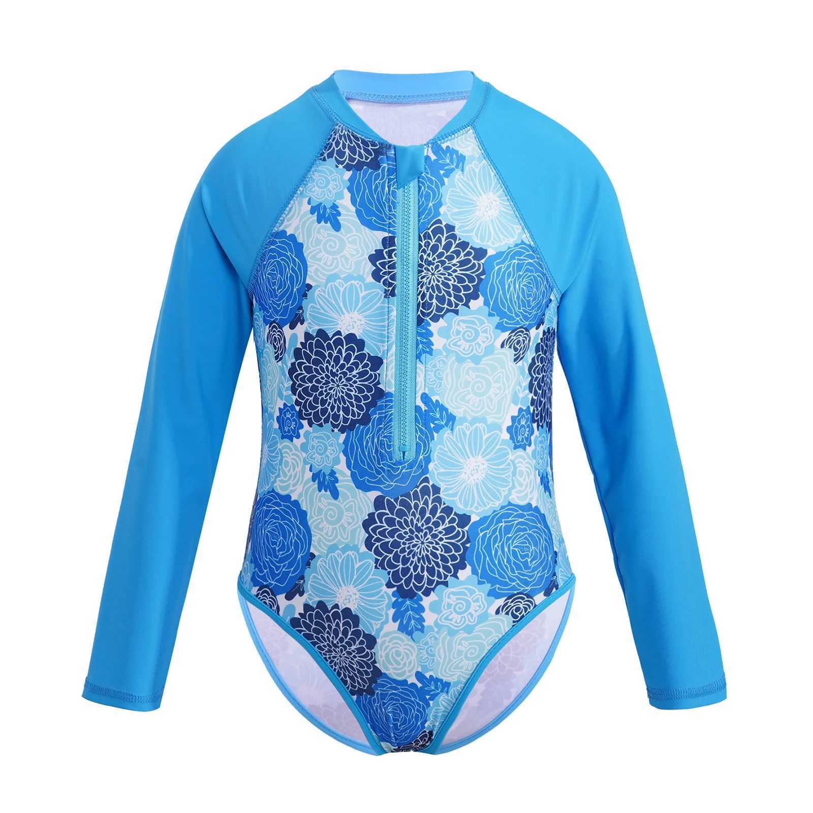 Kids Girls One-piece Swim Suits Brazilian Beachwear Long Sleeves Palm Printed Zippered Swimsuit Swimwear Bathing Suit Rash Guard Z250214