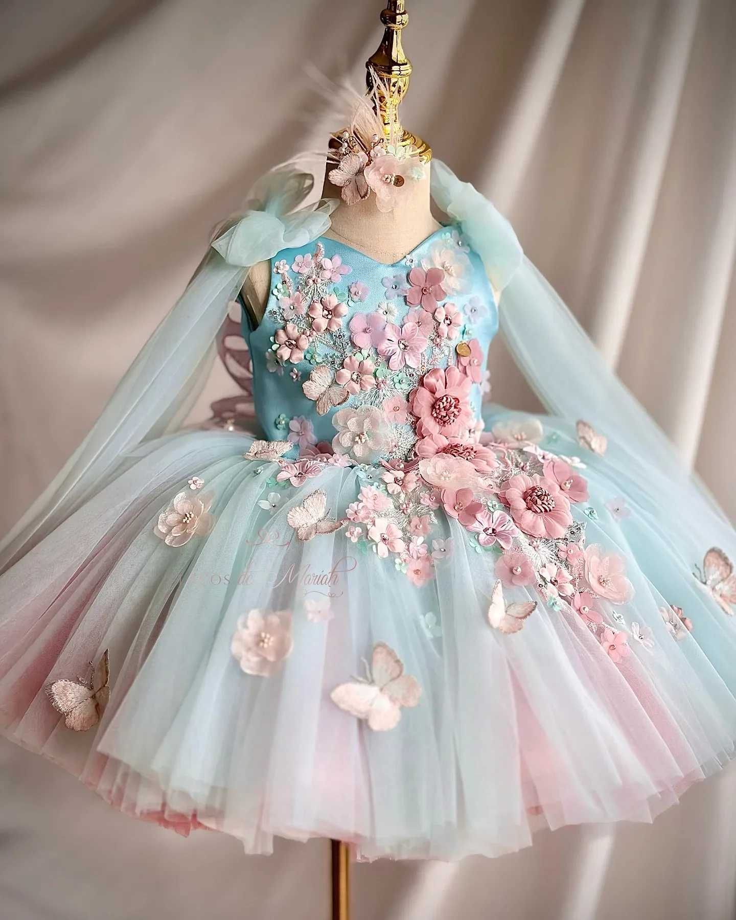 Customized Cute Colorful Flower Girl Dresses for Wedding 3D Butterfly Floral Girls Pageant Birthday Gown First Communion Dress Z250214