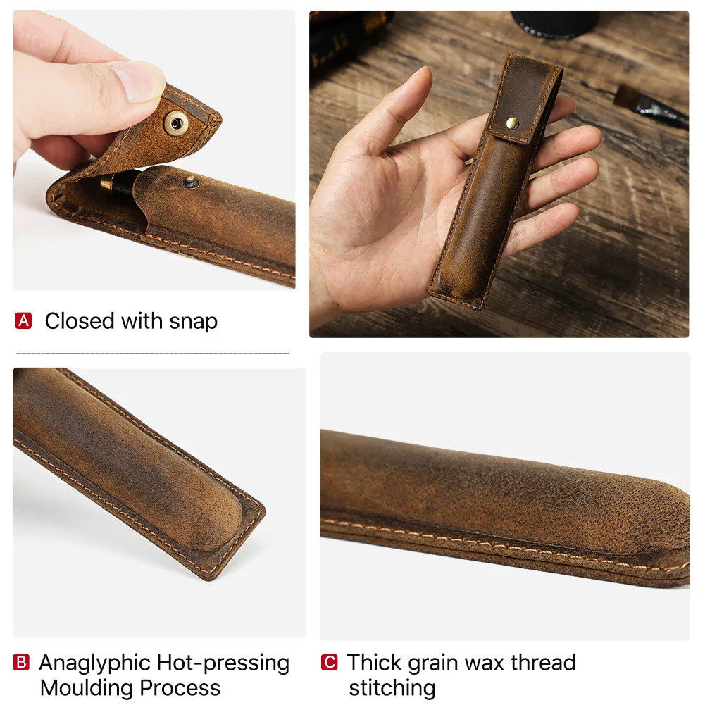 Handmade Cowhide Pen Holder For 1 2 3 Pens Crazy Horse Leather Pencil Case Pouch Storage Bag Stationery School Office Supplies 250210