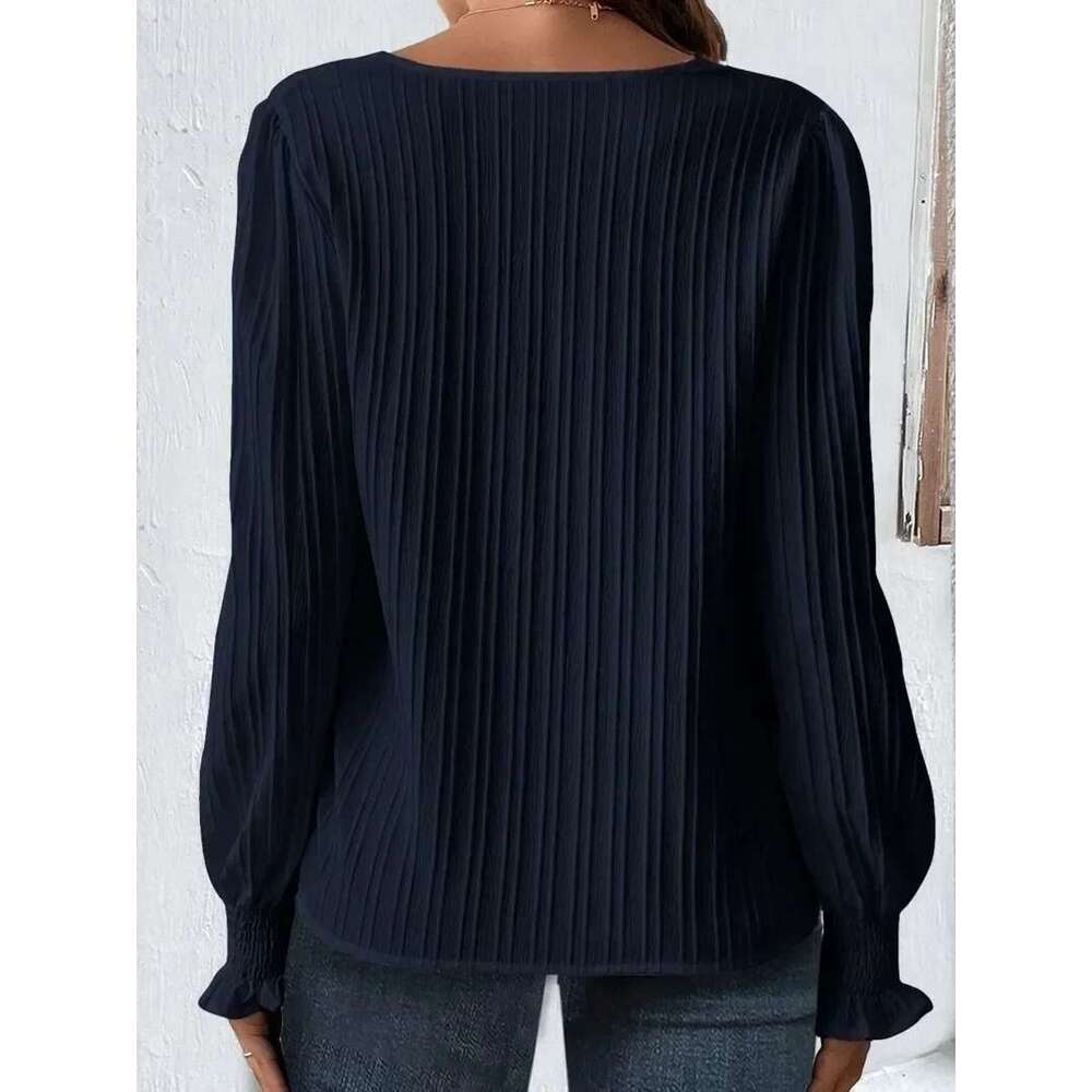 Women's Spring And Autumn Plus Size 1Xl-5Xl Casual Ladies Fashion Solid Color Ribbed Lantern Sleeves V-Neck T-Shirt