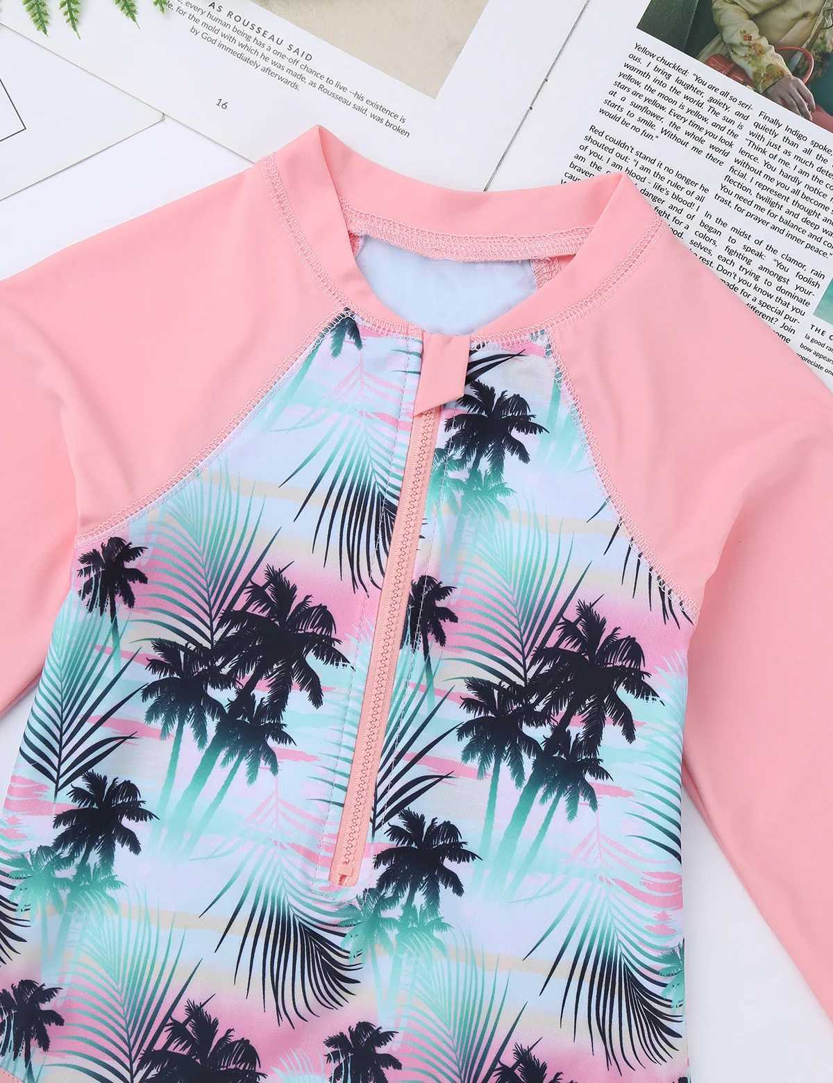Kids Girls One-piece Swimsuit Long Sleeves Palm Printed Swimwear Bathing Suit Sun Protection Rash Guard Surfing Diving Swim Top Z250214