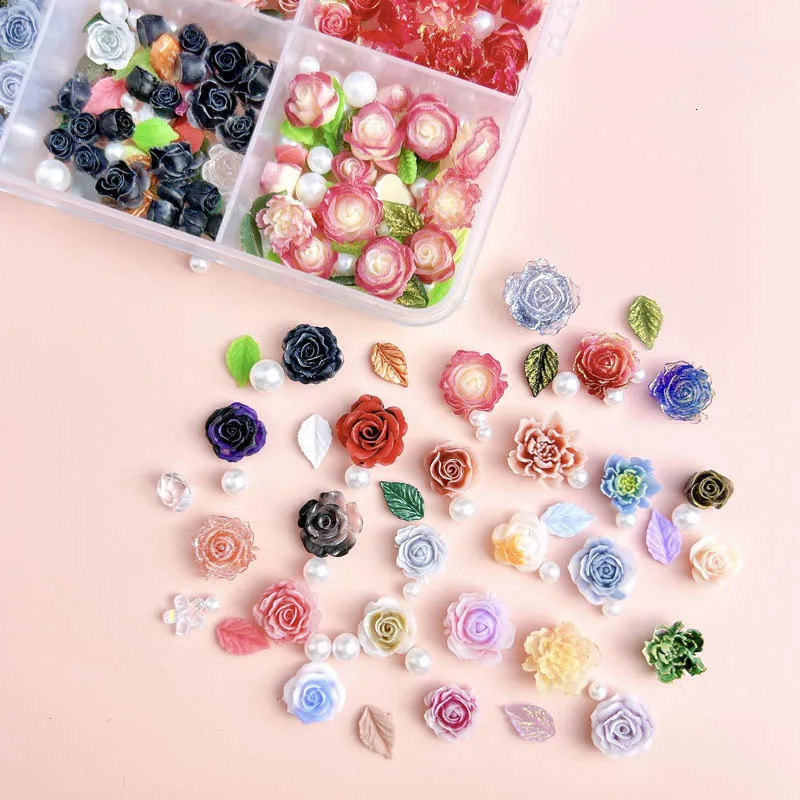1Box Random Mixed Resin Flowers Nail Charms Love Leaf Pearl Nail Art Decorations Rhinestone DIY Crafts Manicure Accessories 250214