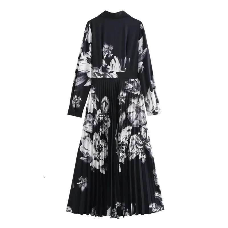 2025 Autumn New Women's Ral Print Pleated Dress French Style Fashion Notched Collar Slim Long Sleeve MIDI Dresses
